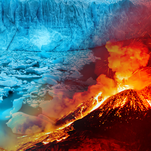 immagine collage di un ghiacciaio e un'eruzione vulcanica